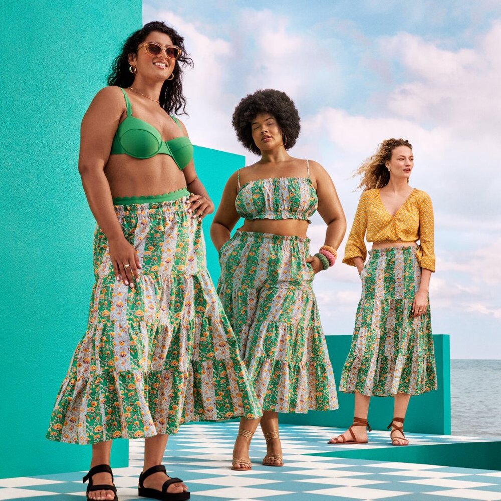 RHODE x Target Medium green floral stripe elastic waist tiered layers Skirt NWT